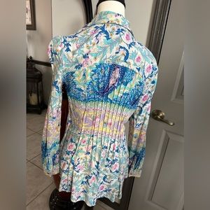 Aratta Colorful Blouse Floral Peacock Long Sleeve Tunic Back Pleated Blouse Top